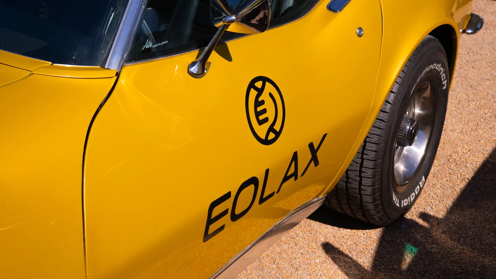 Detalle del flanco del Corvette con el isotipo y la palabra EOLAX impresos sobre la chapa dorada.
