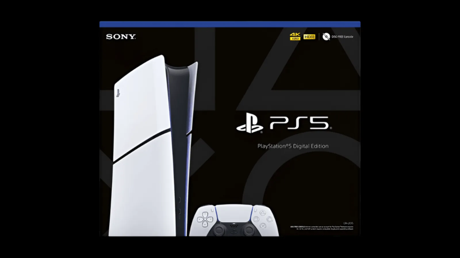 La caja de la PlayStation 5 edición digital, modelo CFI-2015, con la consola y el mando DualSense impresos al frente.